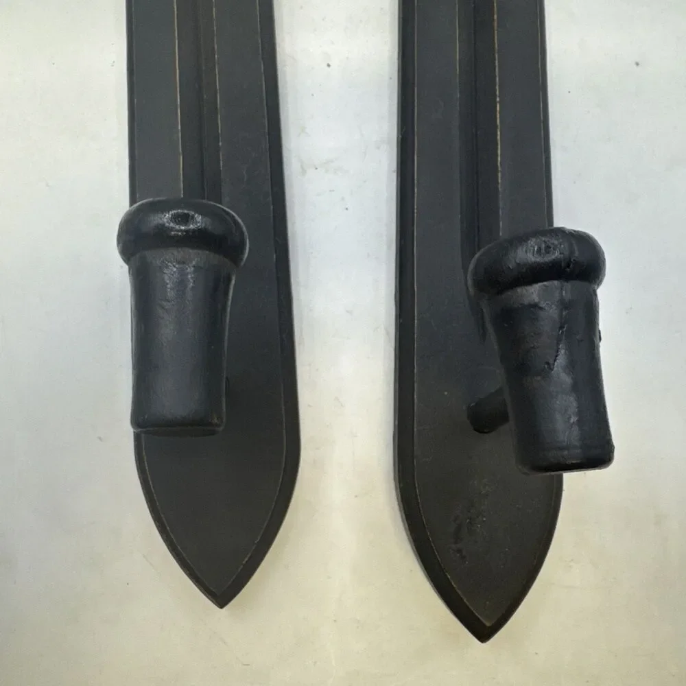 Wood Wall Taper Candle Sconces, Set Of 2, Flat Black, 13”x2.25”x3.5”, MCM Style